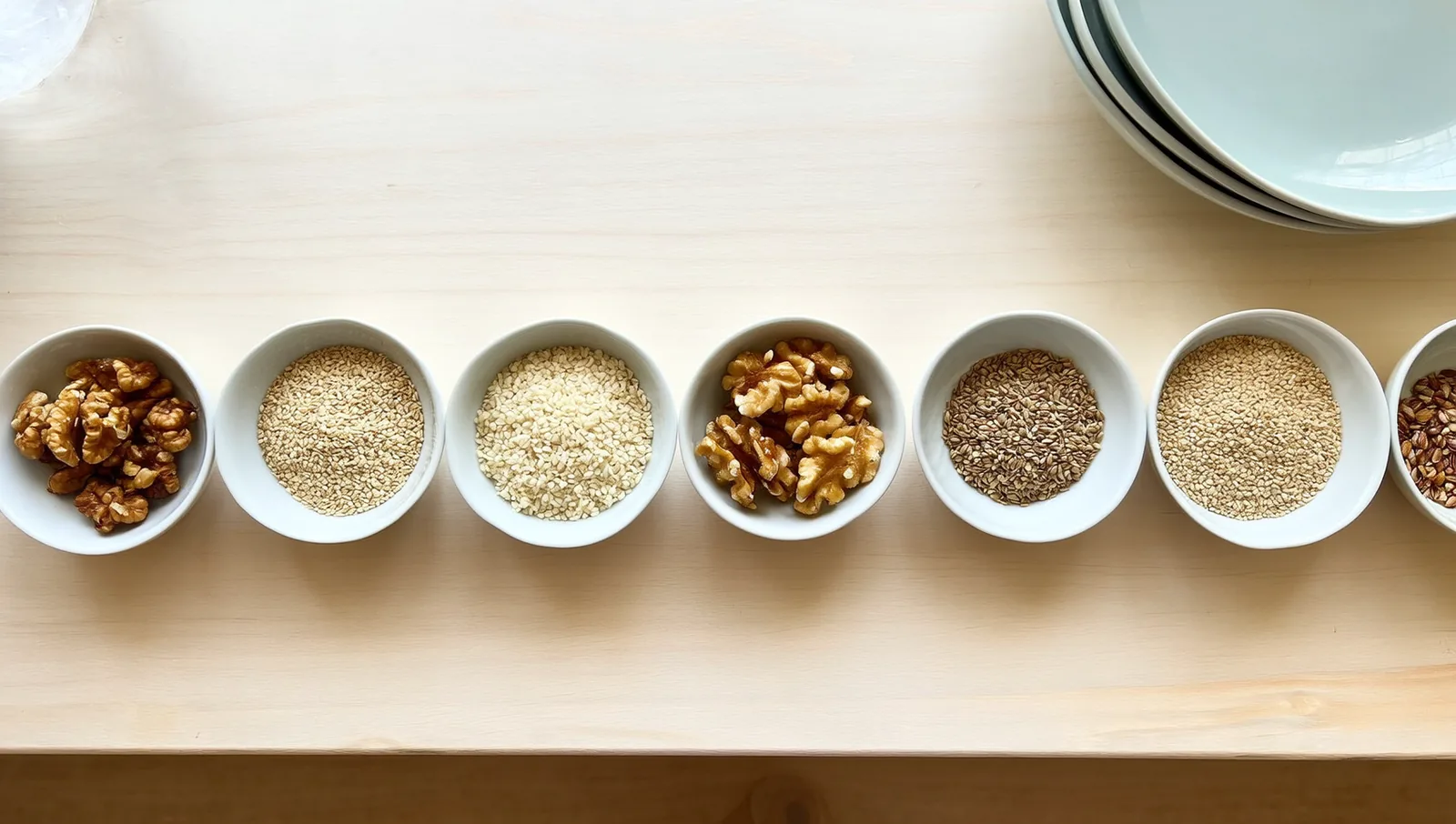 Small white bowls of walnuts, sesame seeds and grains arranged in a row on a pale wooden kitchen counter.