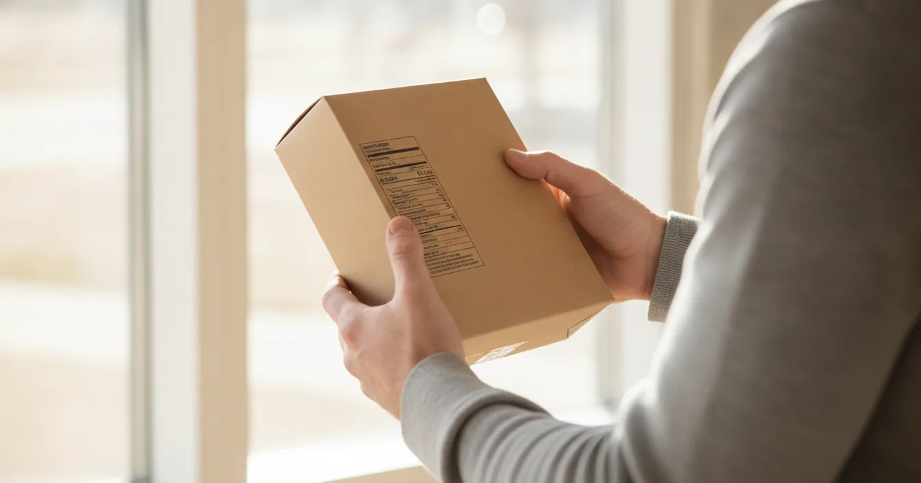 A person reading the label on the back of a cardboard food box.