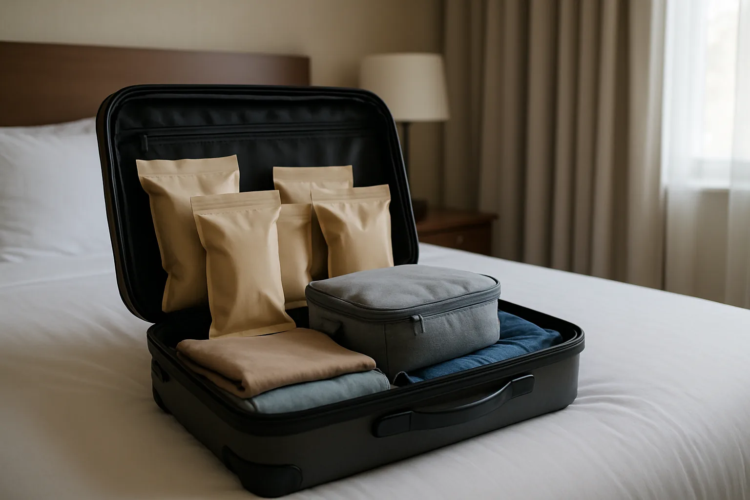An open suitcase on a hotel bed packed with plain unbranded snack pouches, a soft cooler bag and folded clothes.