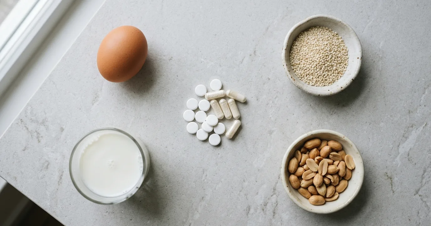 Pills beside an egg, milk, peanuts, and sesame seeds