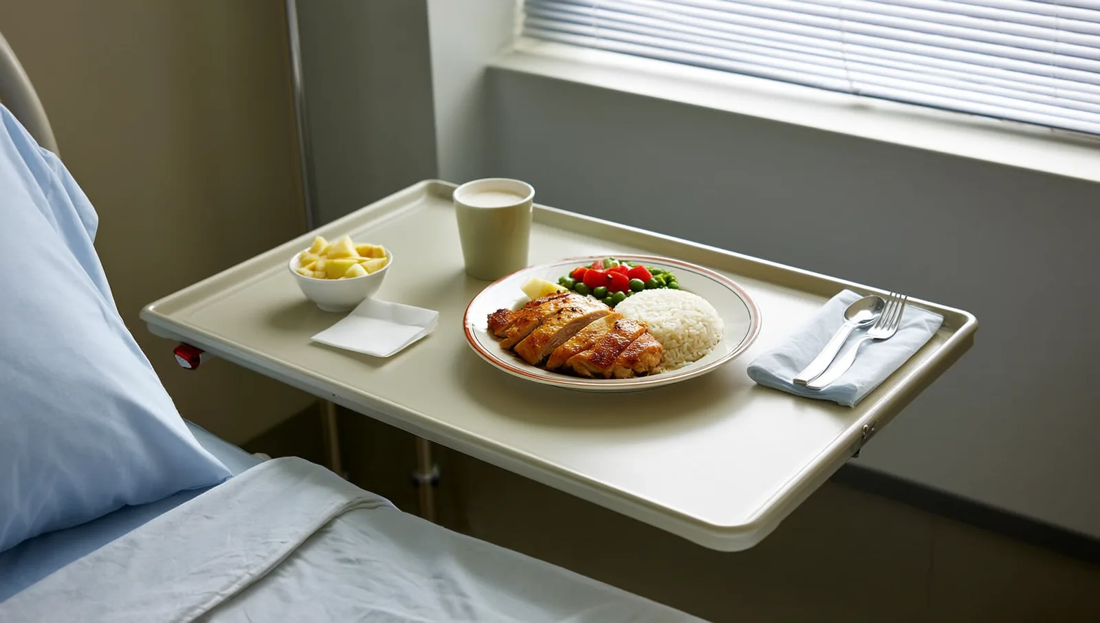 Hospital meal tray with chicken, rice, and fruit