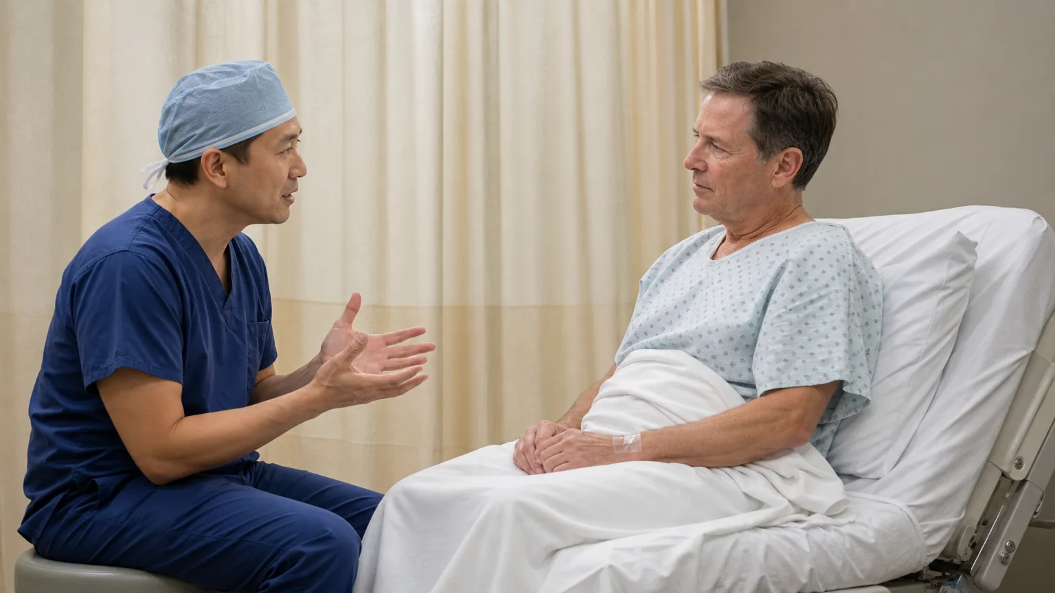 Anesthesiologist and patient talking before surgery