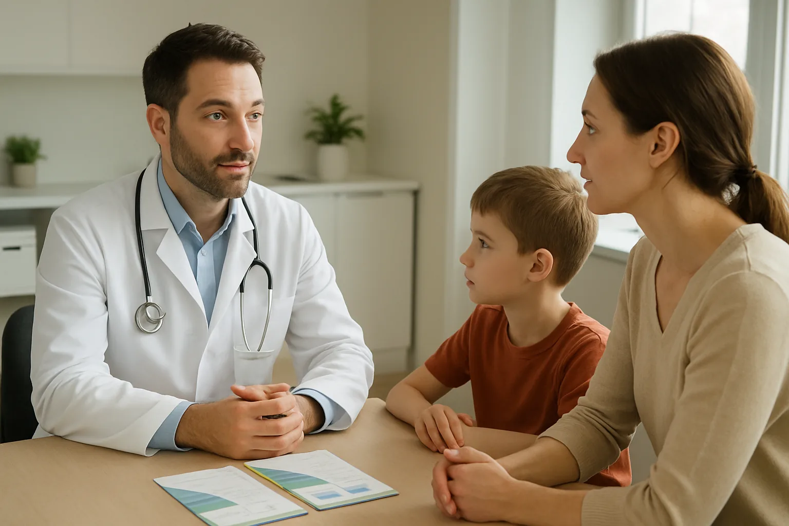 An allergist seated at a desk in a calm clinic explains treatment options to a parent and their school-aged child, with informational brochures on the desk between them.