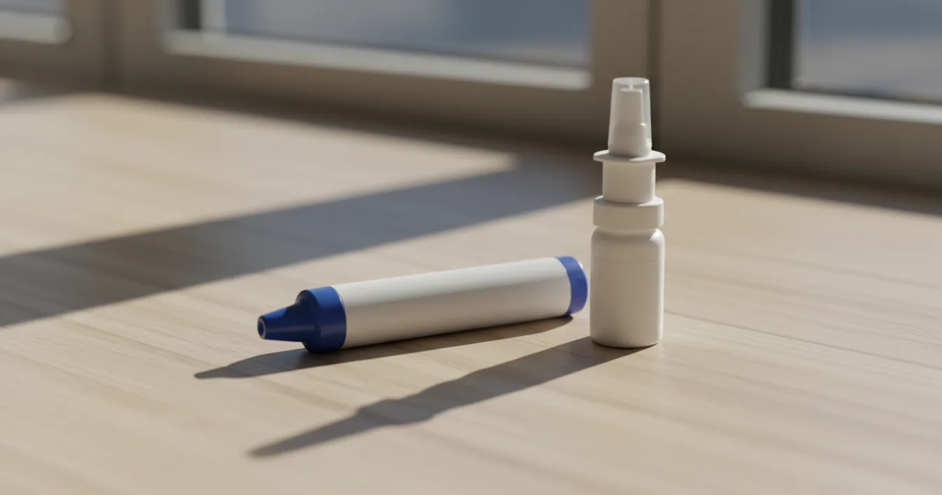 Close-up of an epinephrine auto-injector pen and a small nasal-spray applicator side by side on a light wooden surface, representing the two rescue-medication formats available in 2026.