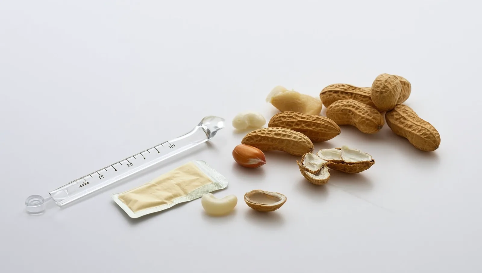 A small peanut kernel, a glass measuring spoon, and a tiny pre-portioned packet of pale powder arranged on a clean white surface, illustrating the milligram-scale dosing typical of peanut oral immunotherapy.