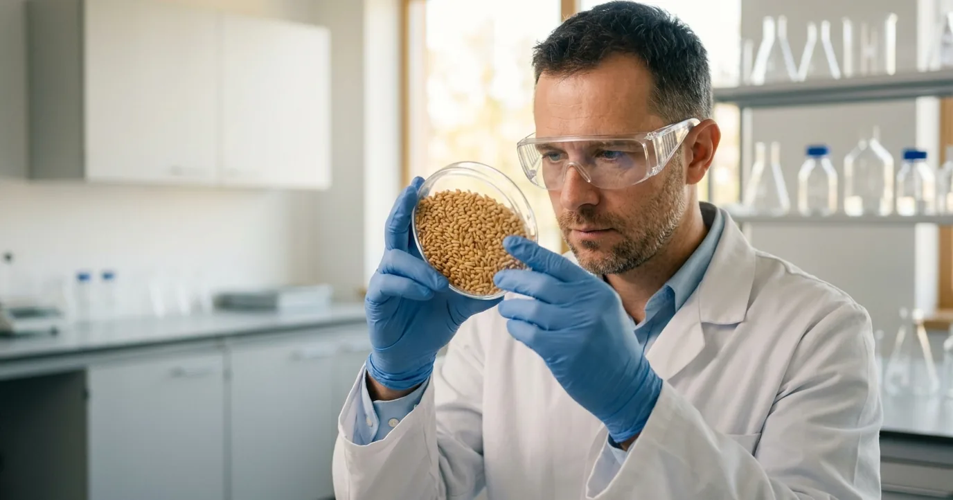 Scientist in a lab examining a dish of wheat grains