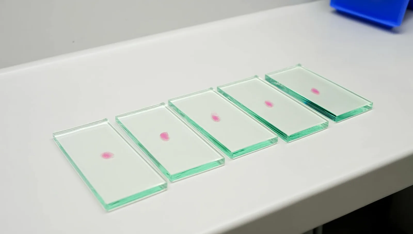 Glass slides with pink tissue samples on a lab bench
