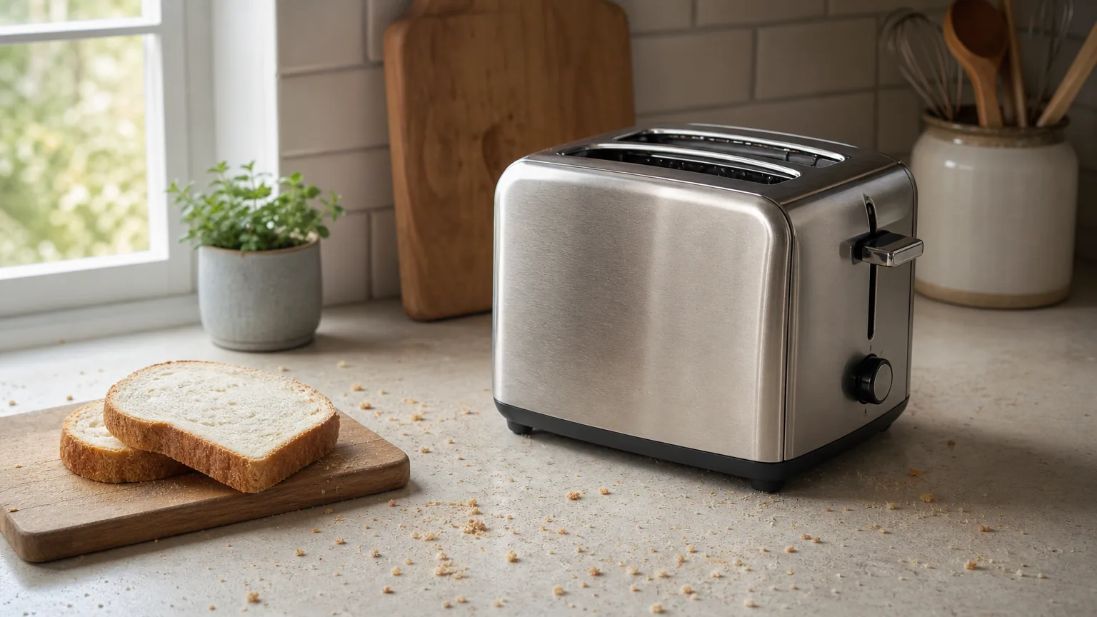 Bread crumbs around a toaster on a kitchen counter