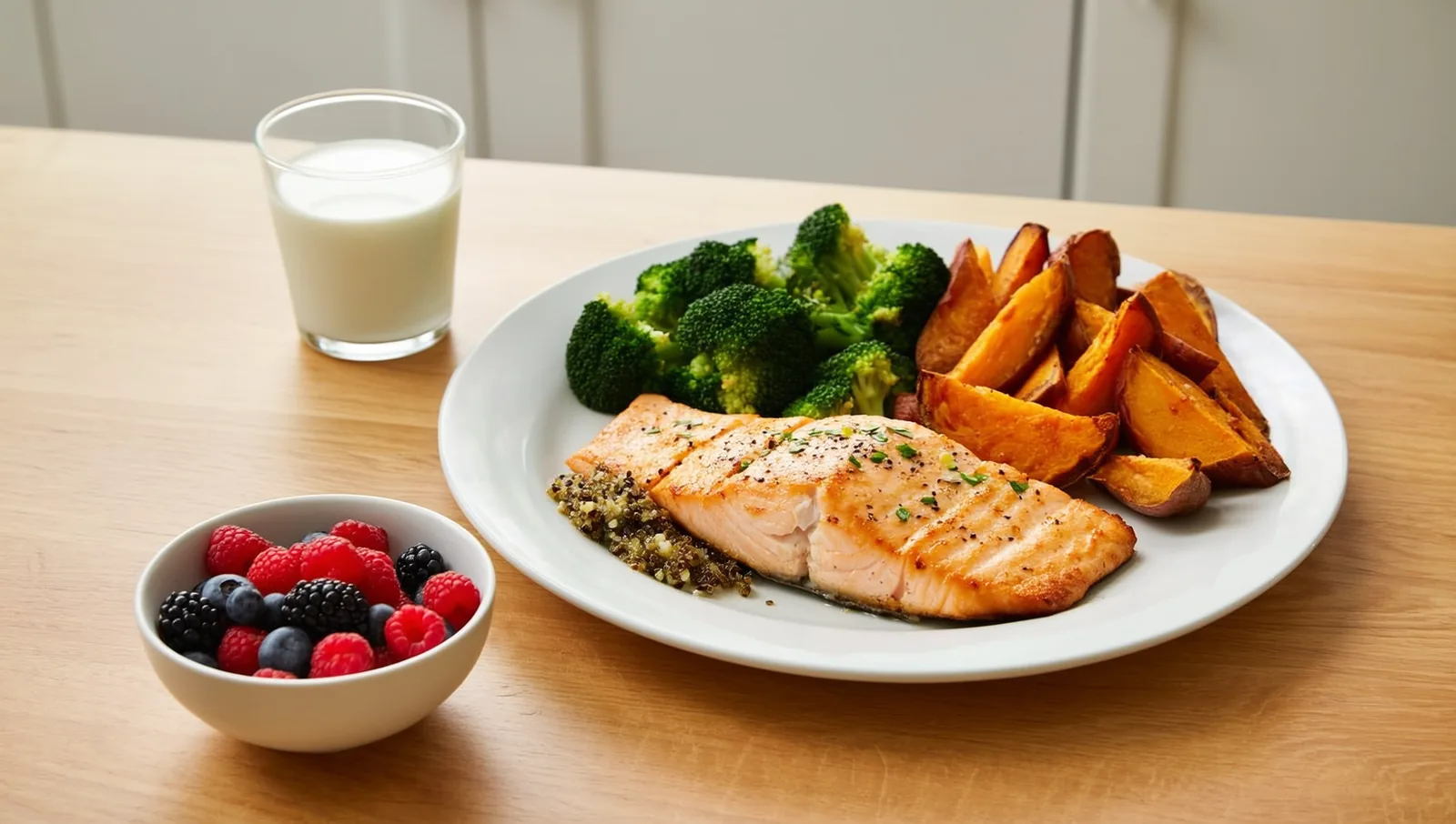 Salmon dinner with broccoli, sweet potato and milk