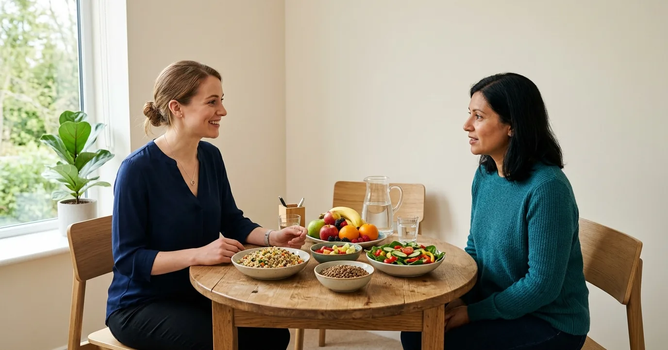 Dietitian and patient at a table with whole foods