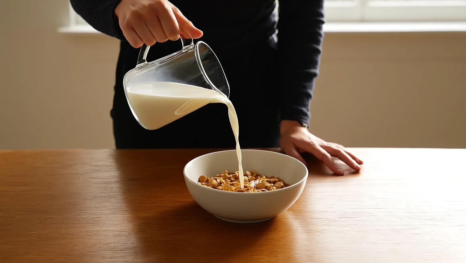 Someone pouring plant milk from a glass pitcher into a bowl of cereal at a wooden table.