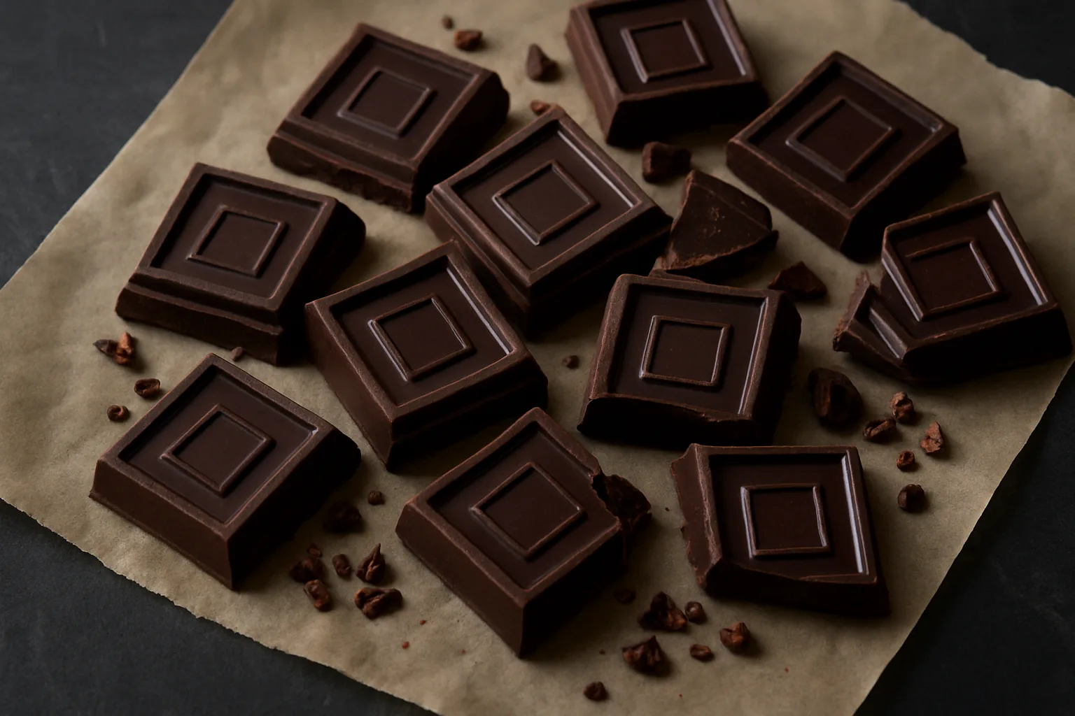 Broken squares of dark chocolate and scattered cocoa nibs on parchment paper.