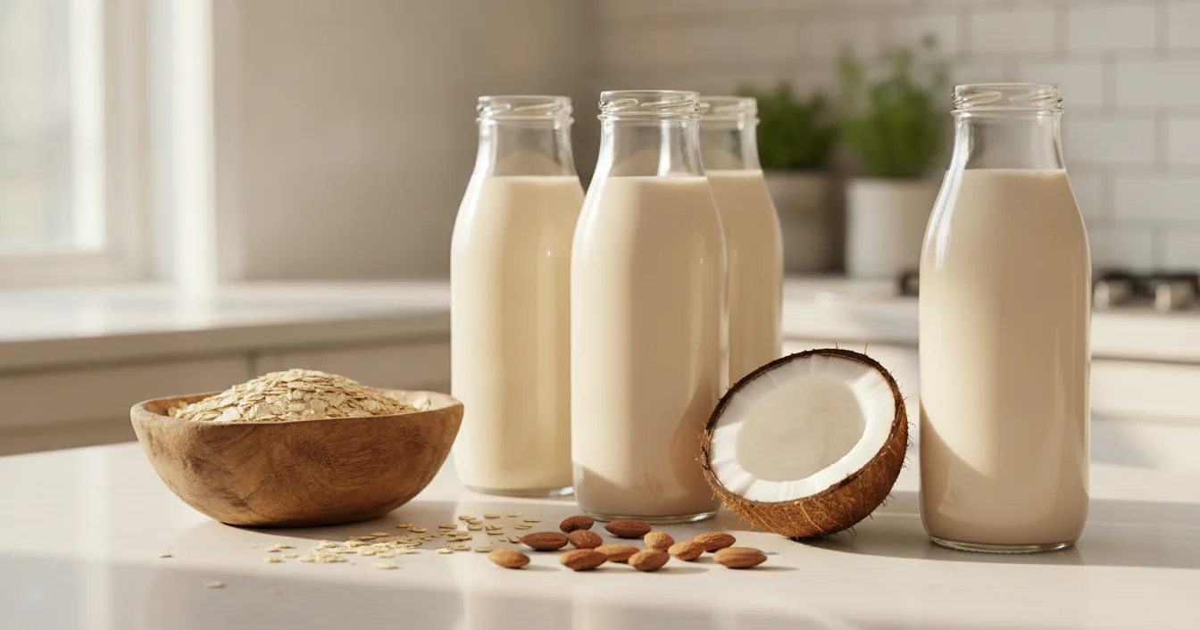A kitchen counter set with glass bottles of plant milk, a bowl of oats, almonds, and a halved coconut in morning light.