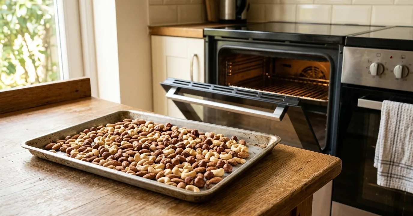 Mixed shelled nuts spread on a metal baking sheet