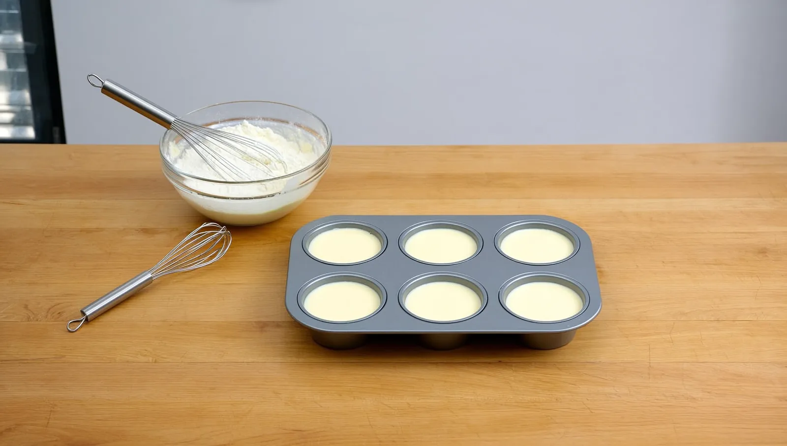 Muffin tin filled with batter beside a bowl of flour