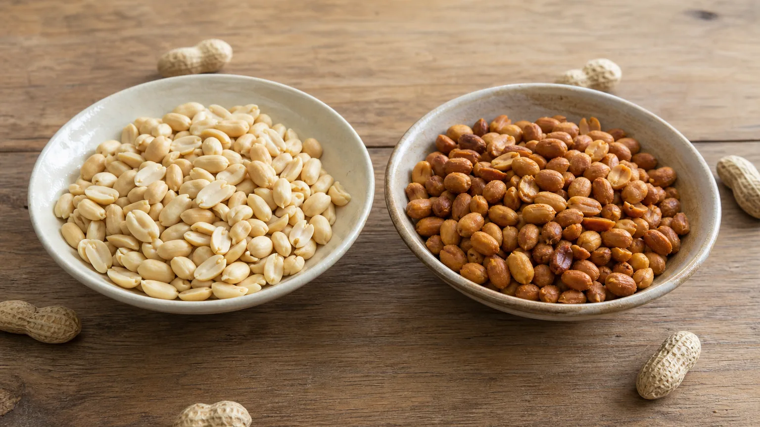 Bowl of raw peanuts beside a bowl of roasted peanuts