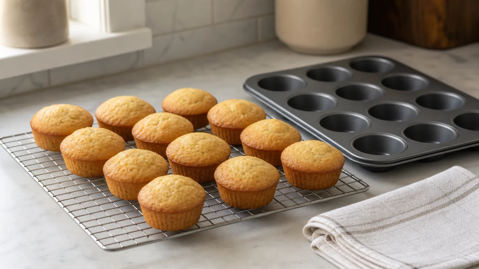 Plain muffins cooling on a wire rack beside a muffin tin