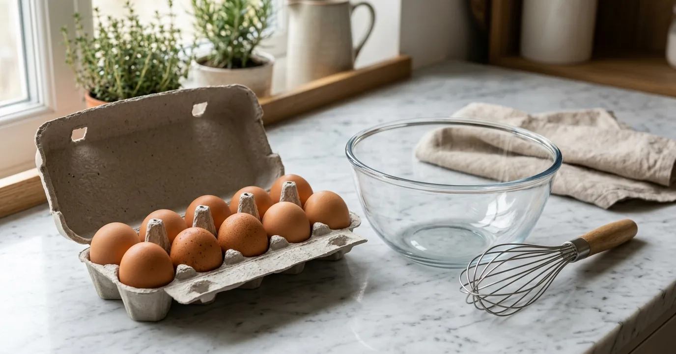 Open carton of brown eggs beside a mixing bowl and whisk