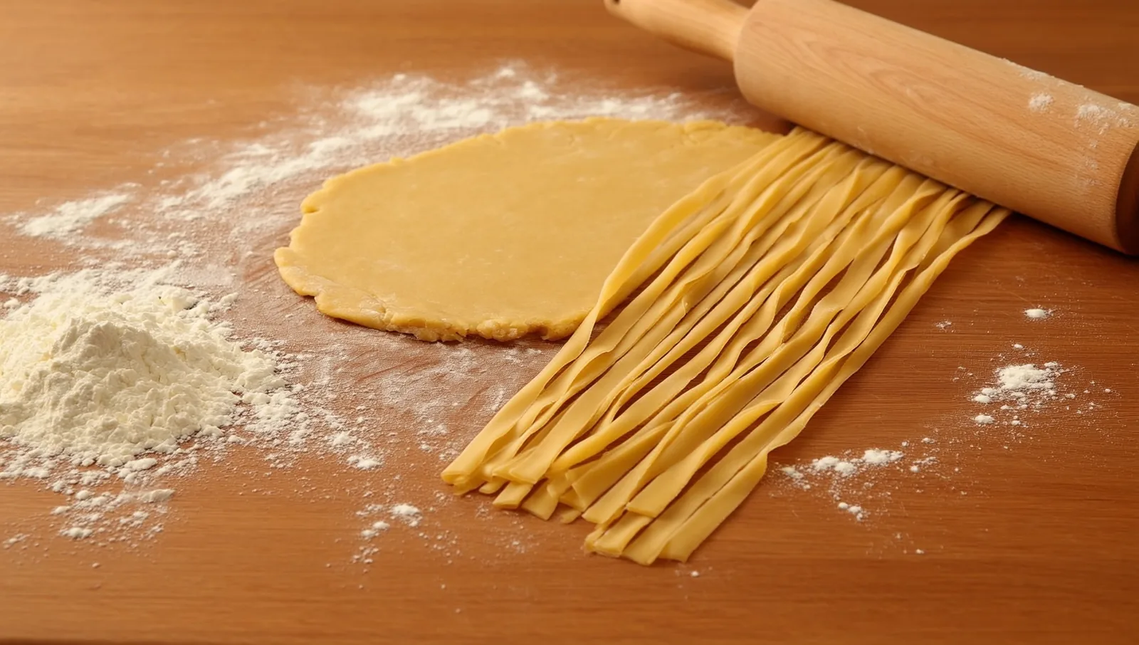 Rolled pasta dough and cut ribbons on a floured board