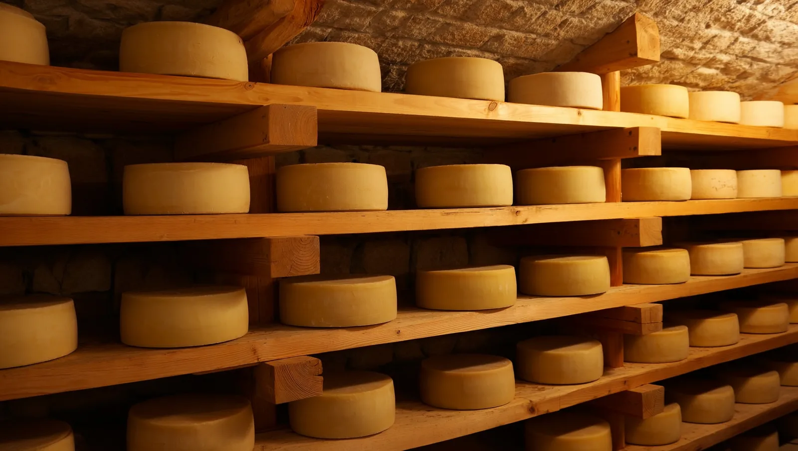 Cheese wheels aging on wooden cellar shelves