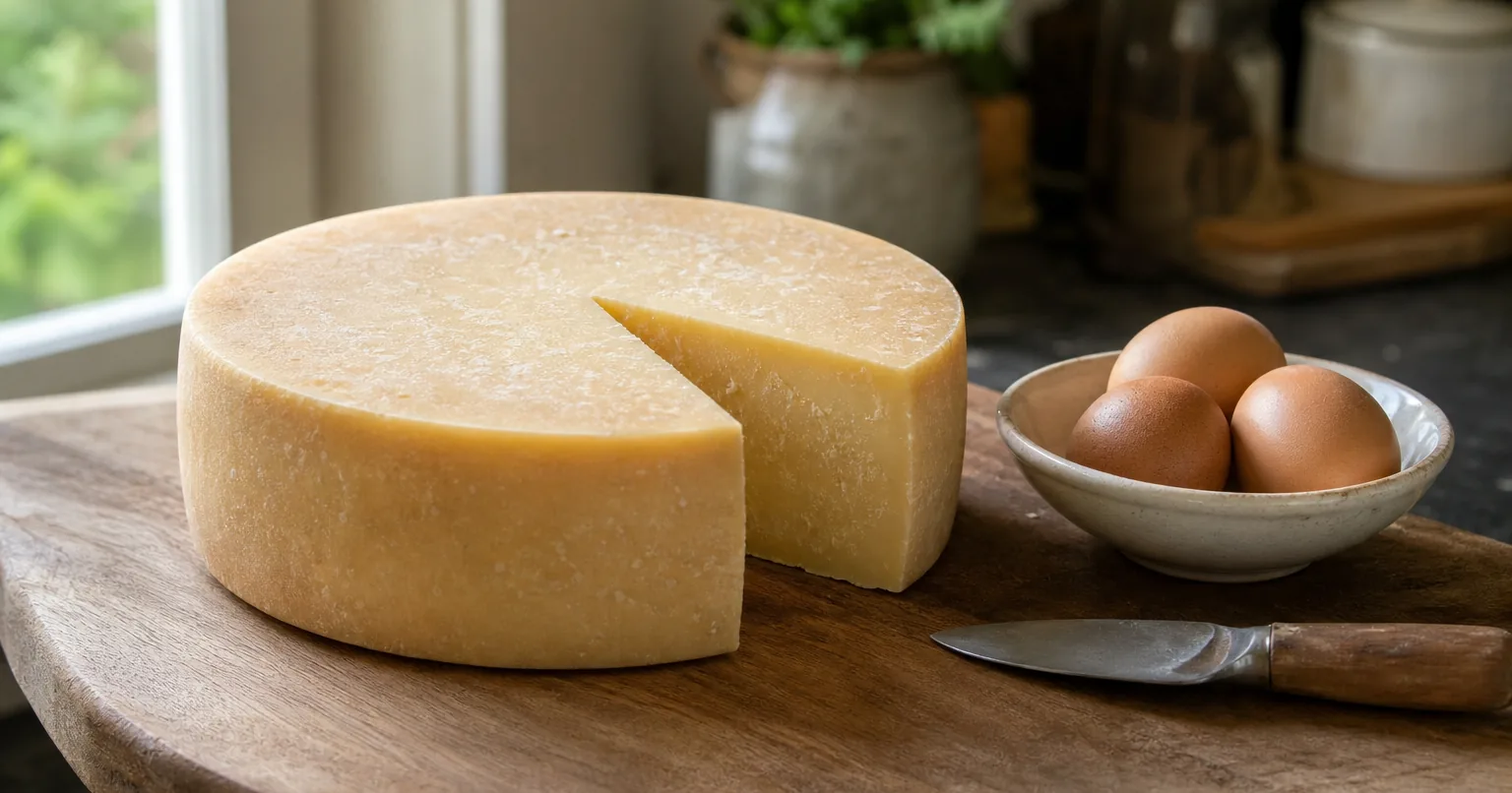 Cheese wheel with a wedge removed, beside eggs