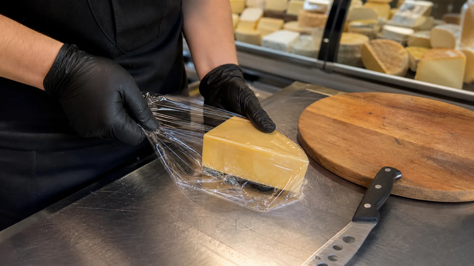 Gloved hands wrapping a cheese wedge in plastic
