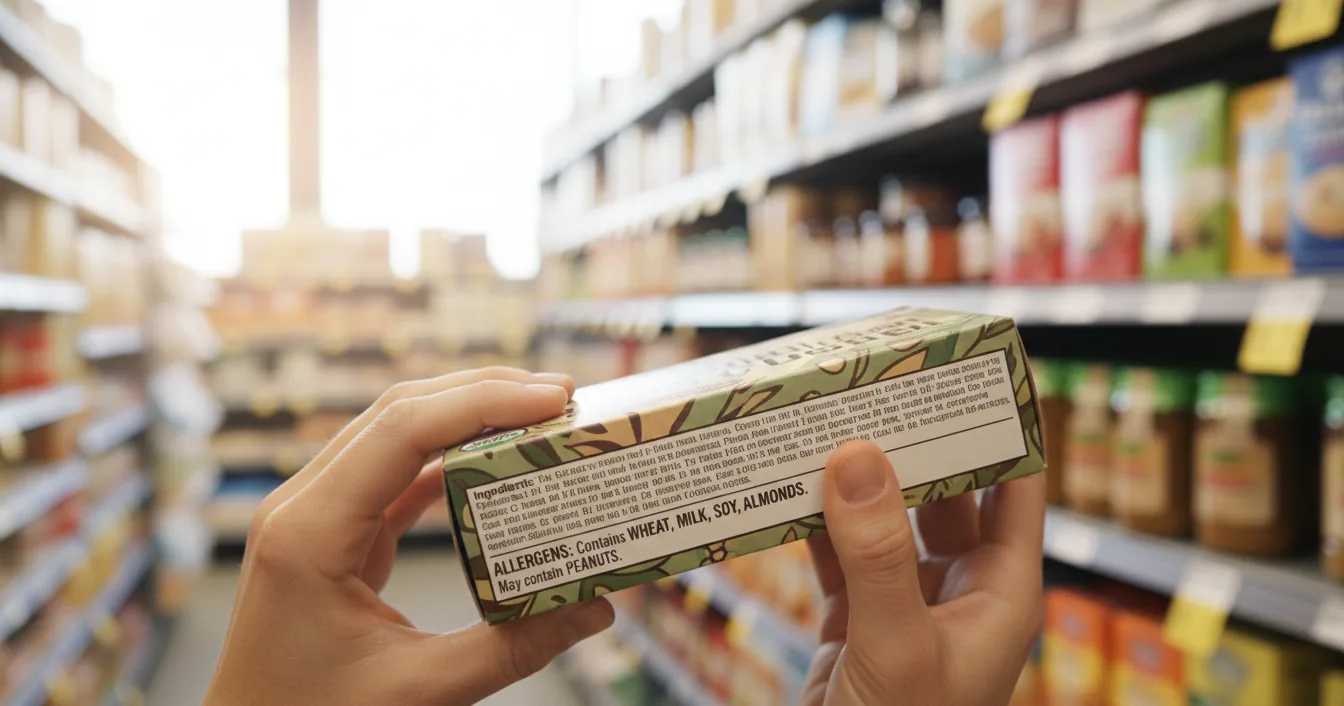 A shopper's hands holding a packaged food box and reading the allergen information panel in a bright grocery aisle.