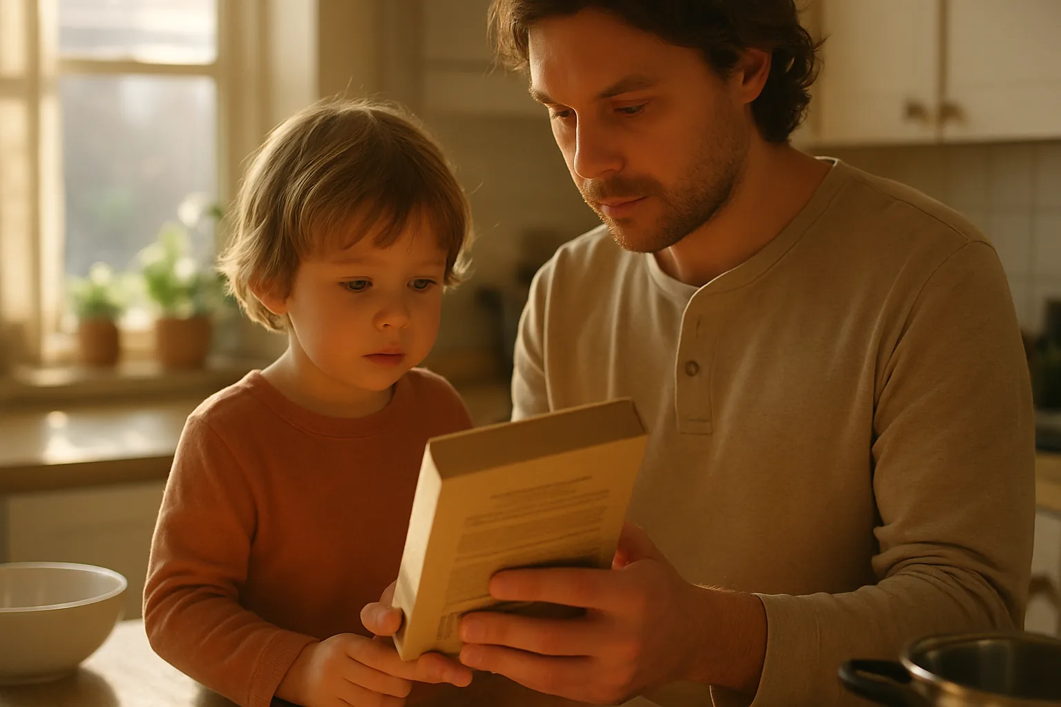 A parent and a young child reading the back of a food package together at a kitchen counter.