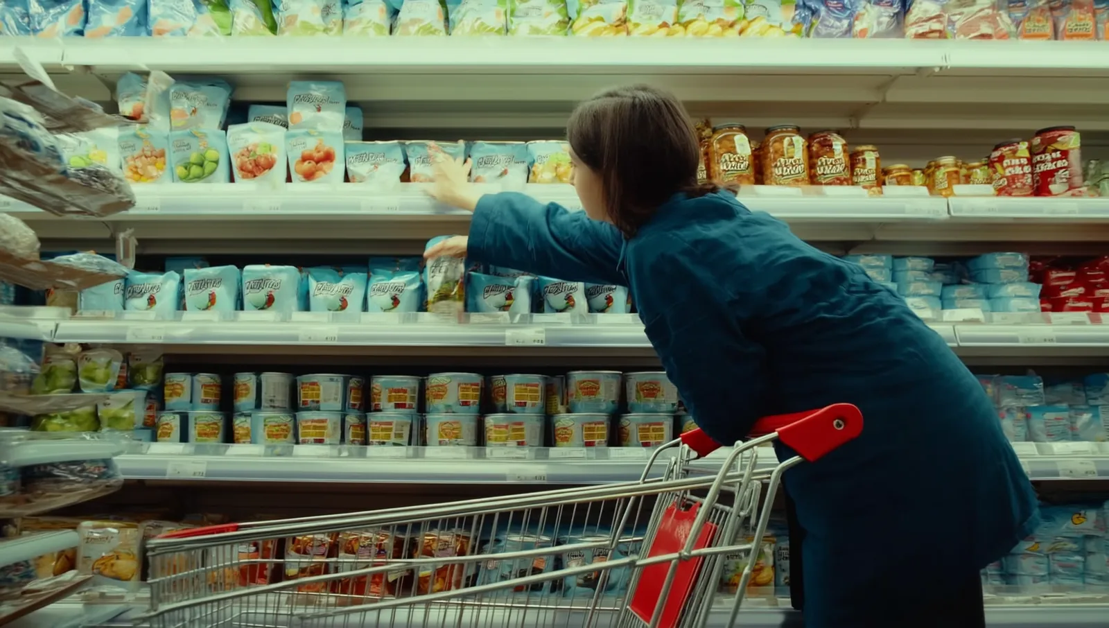 A shopper reaching for a product on a bright supermarket shelf with a cart in the foreground.