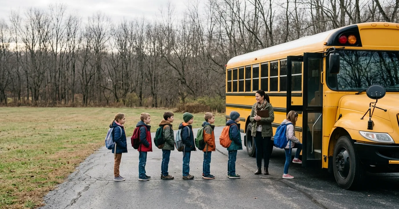 Children with backpacks lining up beside a yellow school bus