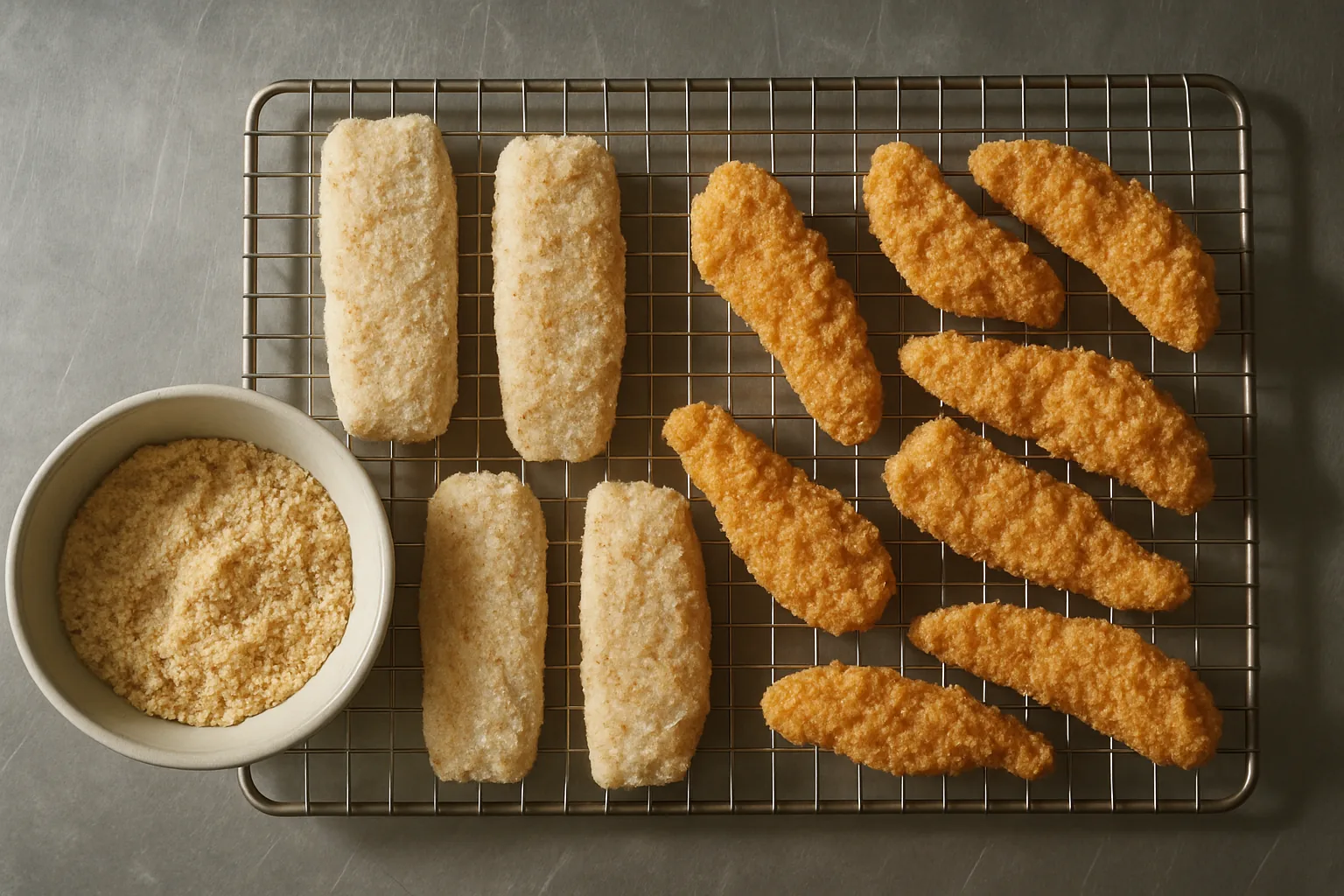 Breaded cod fillets and breaded chicken tenders on a wire rack next to a single shared bowl of used breading mix.