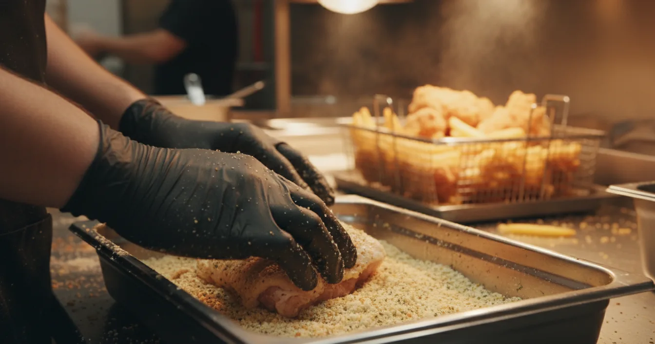 A cook's gloved hands coating raw chicken in a shared tray of seasoned breading at a restaurant fry station.