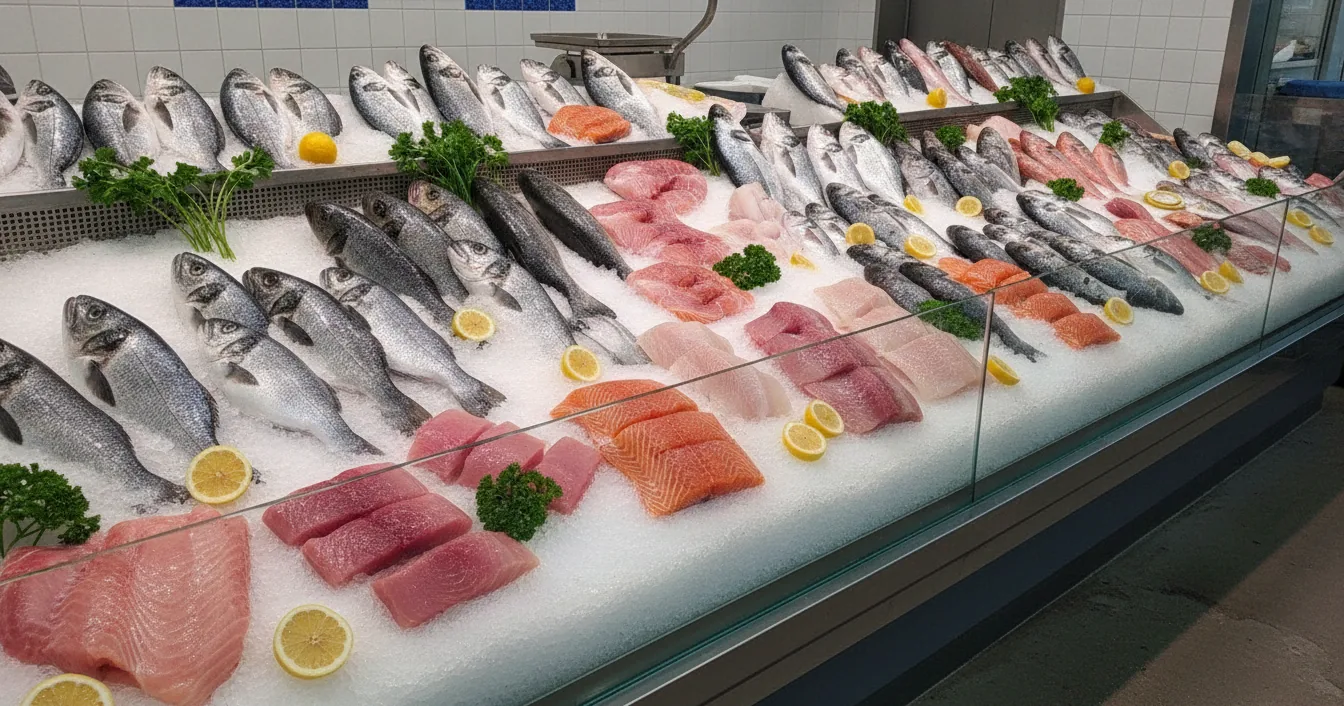 Whole fish and fillets laid out on crushed ice at a market counter