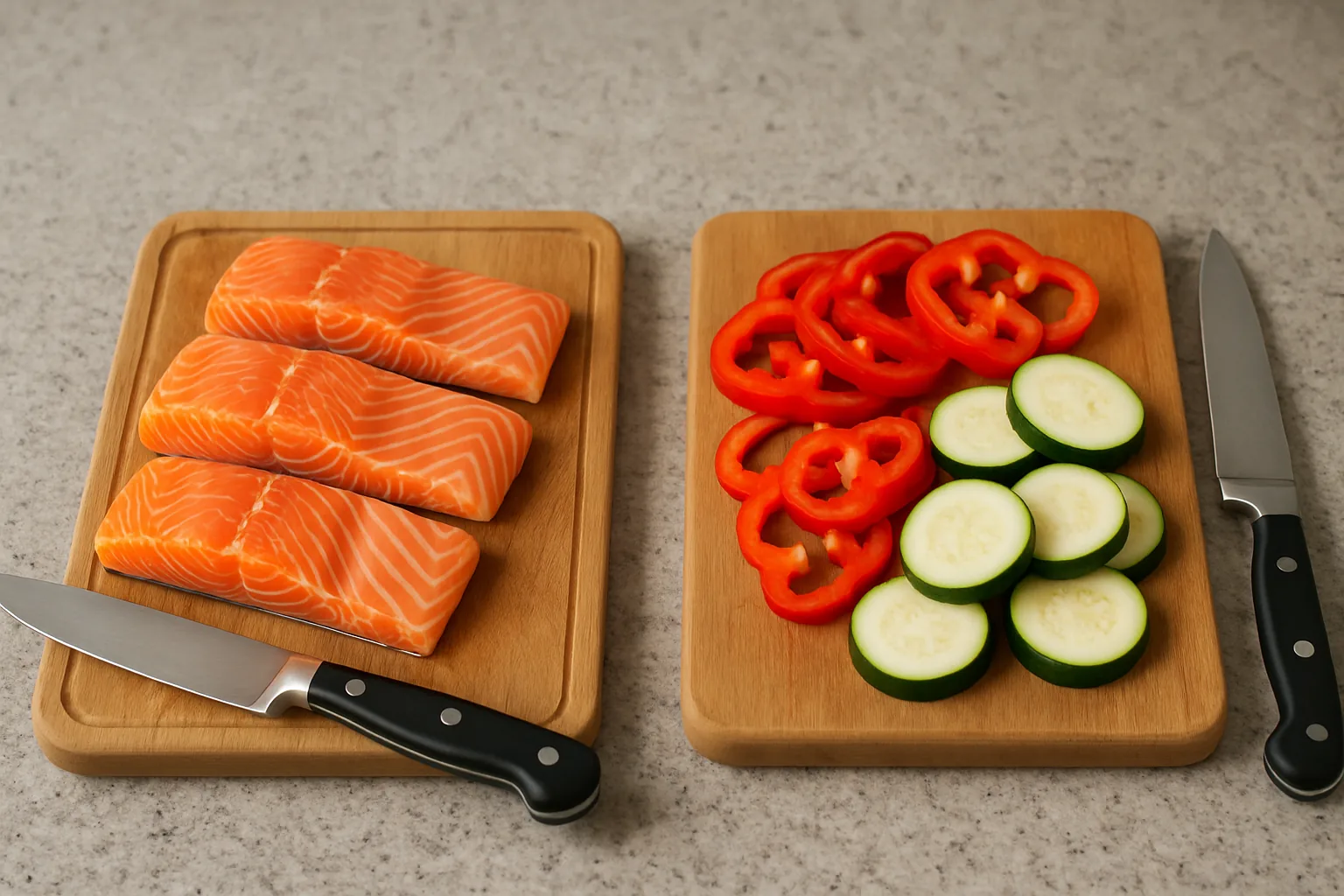 Raw salmon and sliced vegetables on two separate boards