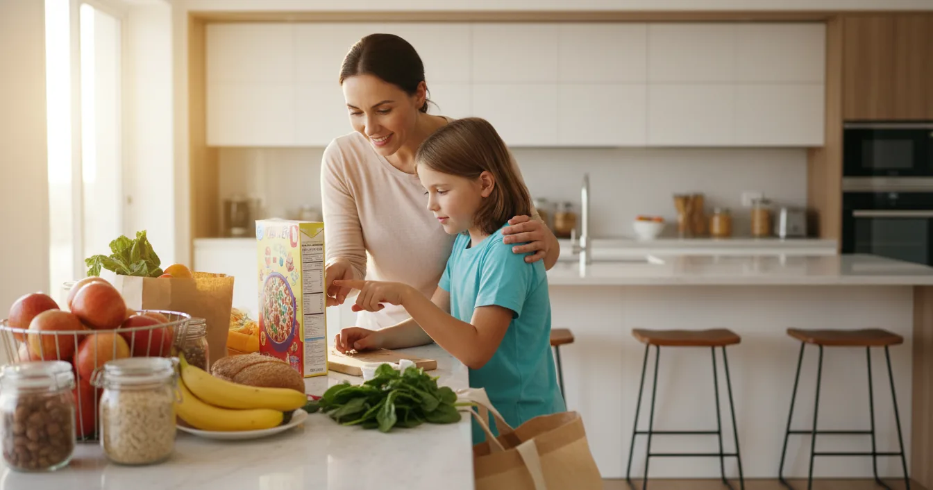 A parent and child reading the ingredient label on a packaged food at a sunny kitchen counter surrounded by groceries.