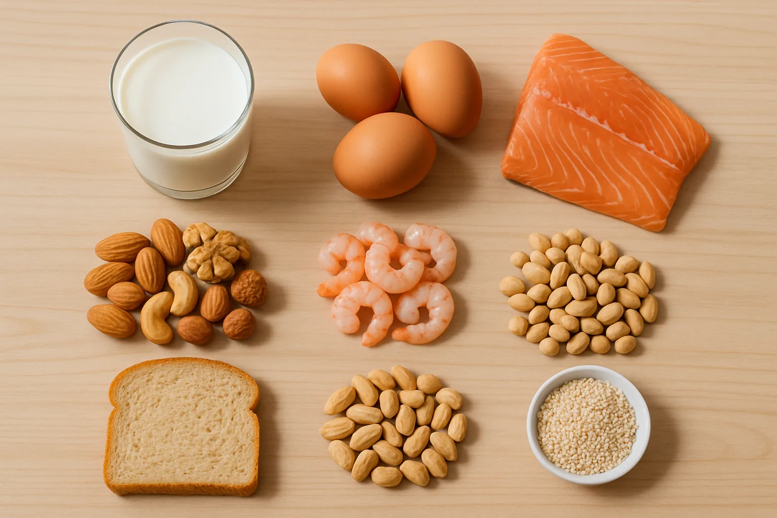 Overhead view of the nine major US food allergens grouped on a wooden table: milk, eggs, fish, shrimp, tree nuts, wheat bread, peanuts, soybeans, and sesame seeds.