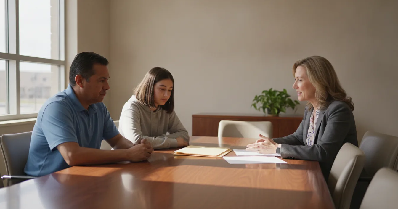 A parent, a teen, and a school staff member at a table