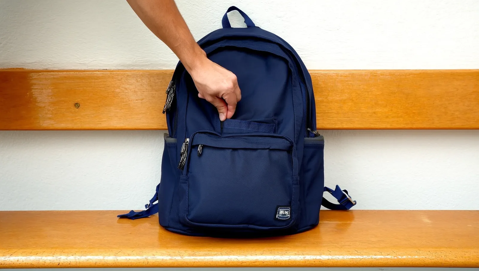 A hand reaching into the front pocket of a backpack on a bench