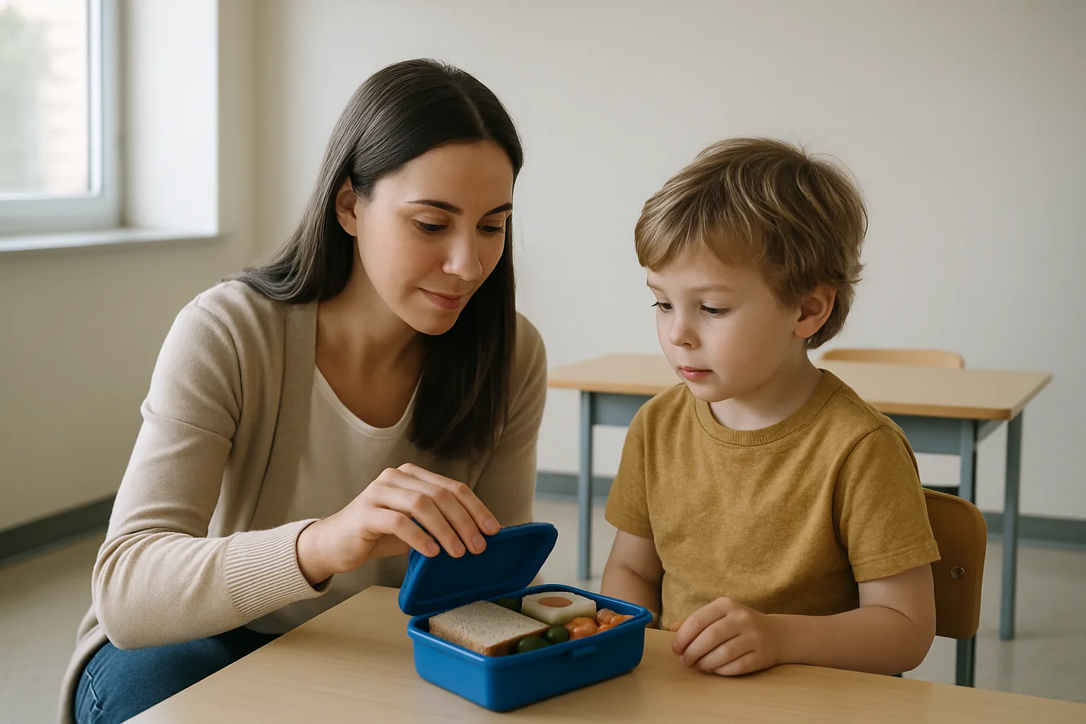 A teacher opening a lunch box beside a young child