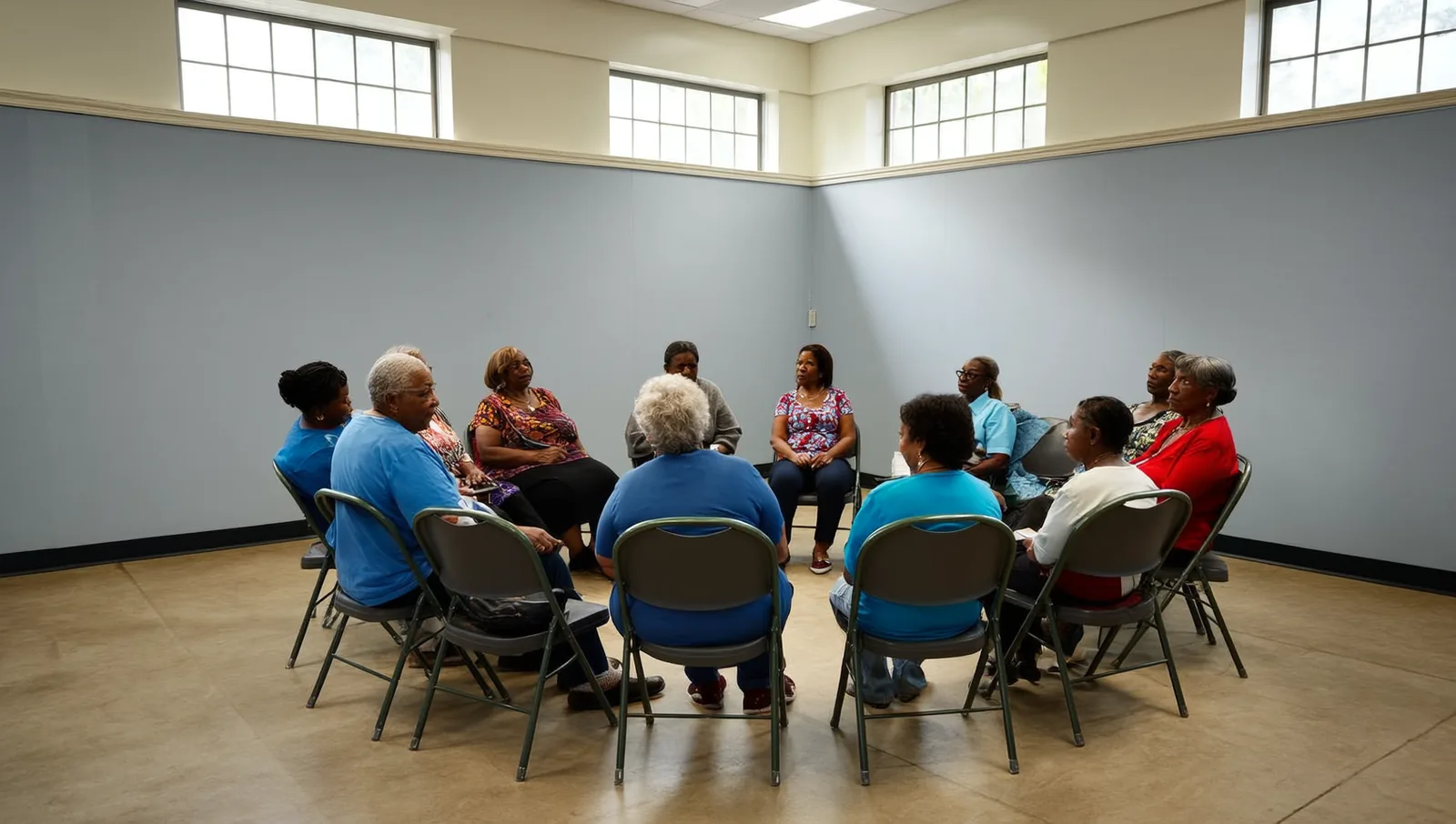People seated in a circle of folding chairs