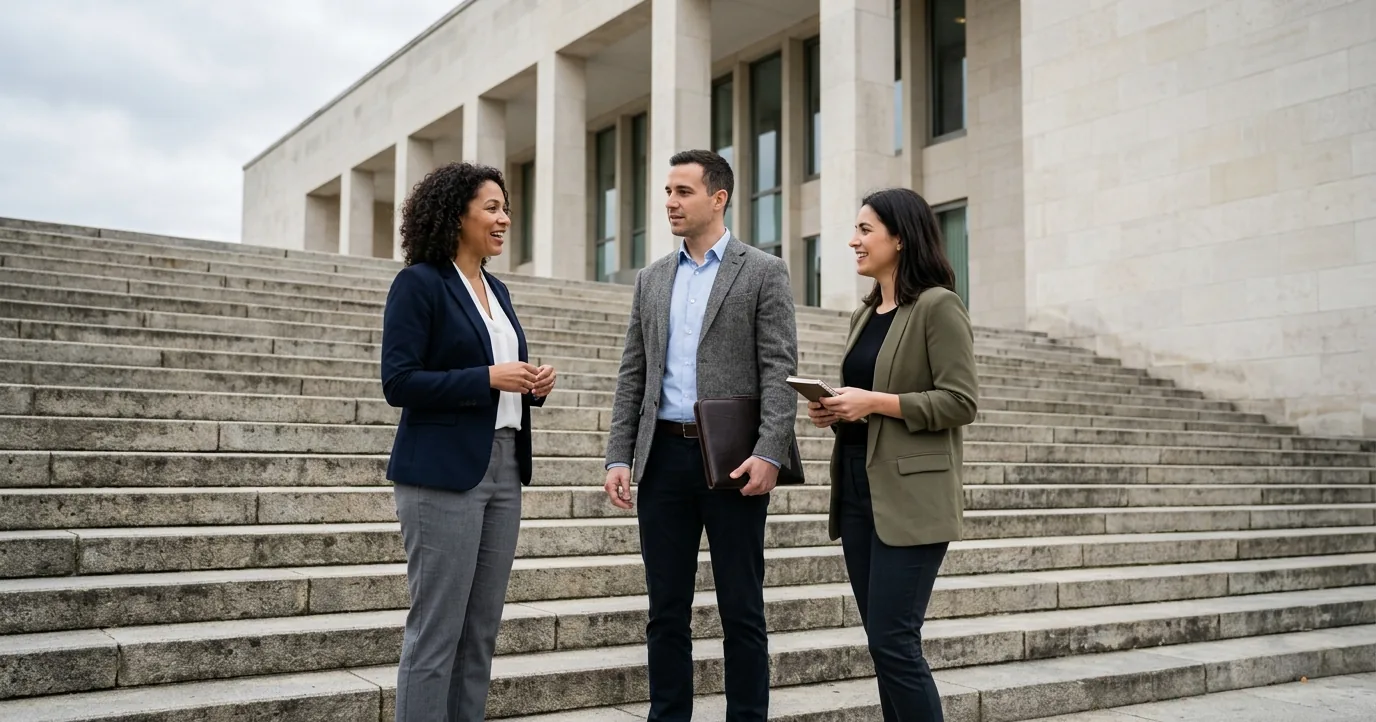 Three adults talking on wide stone civic steps
