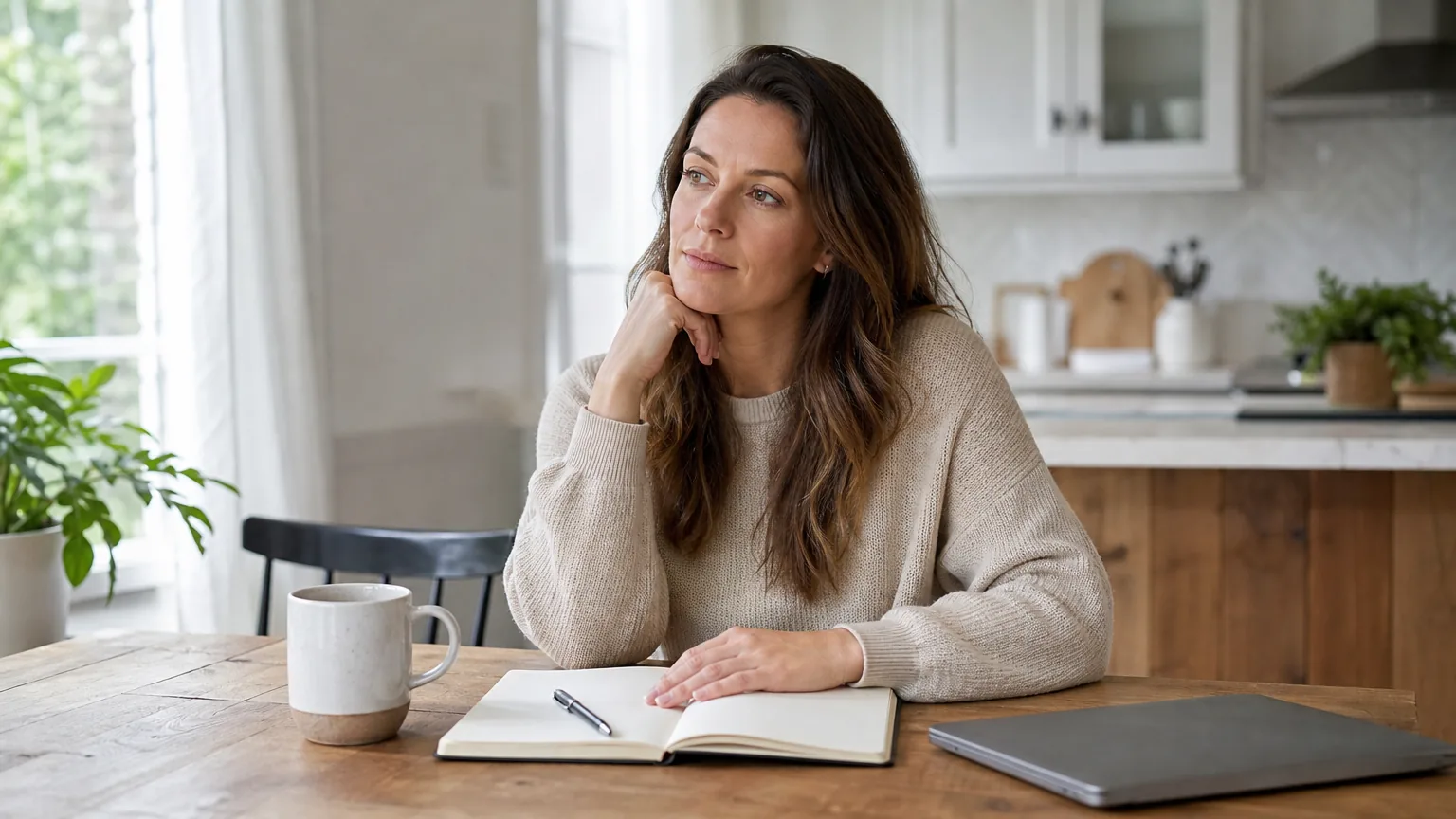 Woman at a kitchen table with an open notepad