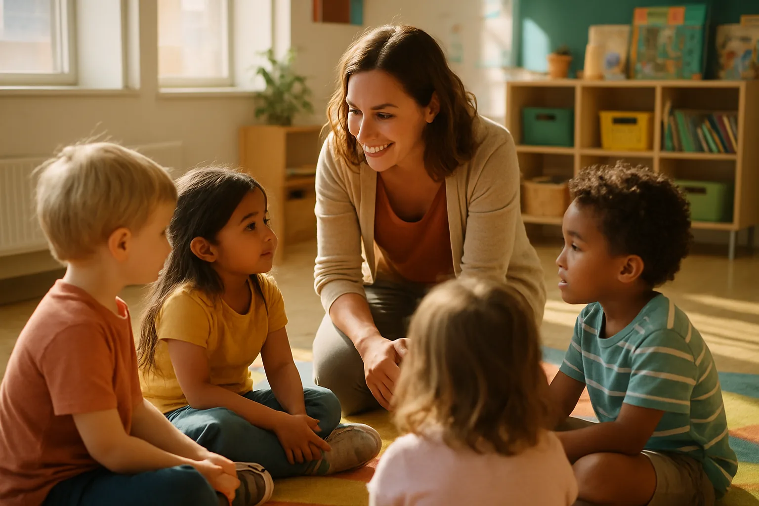 A teacher kneeling to talk with a small group of young children seated in a circle on a colorful classroom rug.