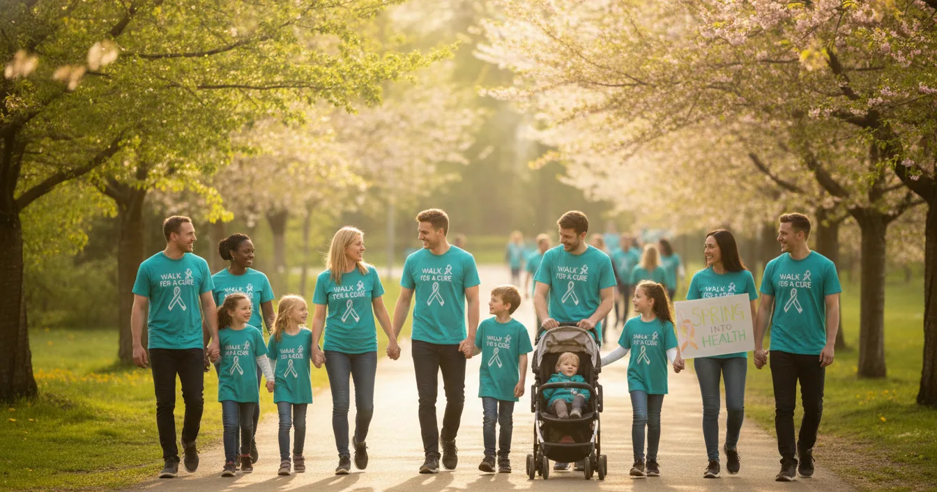 A group of friends and family in teal t-shirts walking together along a sunny tree-lined path at an outdoor community event.