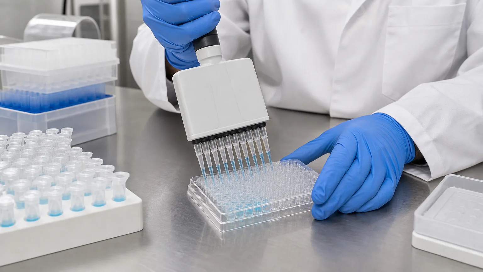Gloved hands loading samples into a 96-well plate at a lab bench