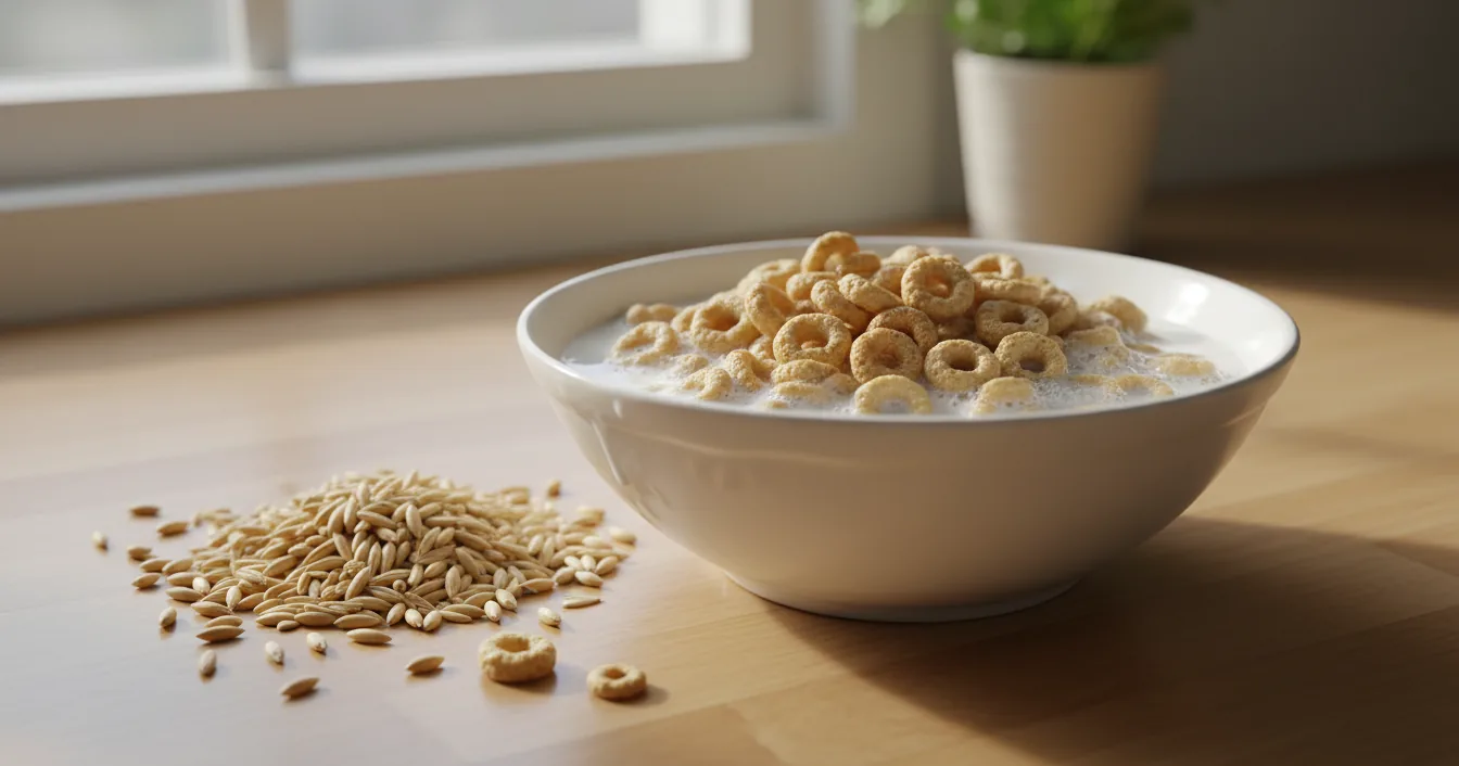 A white bowl of toasted oat ring cereal in milk on a sunlit wooden counter with loose raw oats scattered beside it.