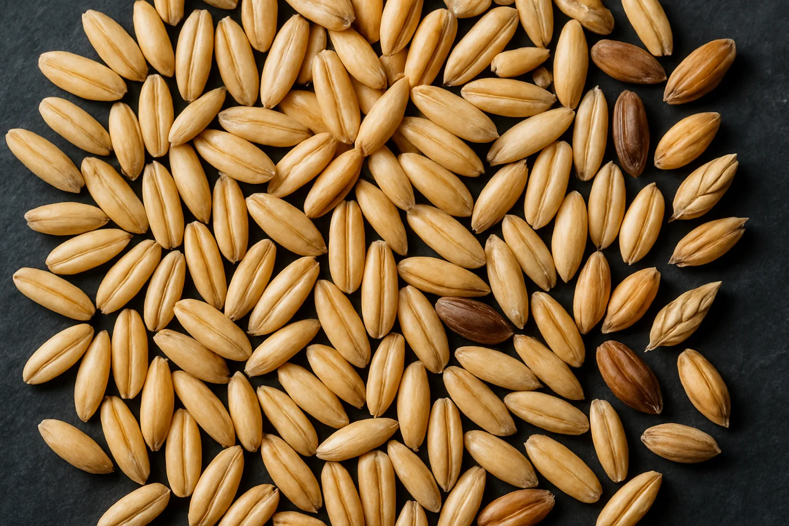 Overhead macro of raw oat groats with a few darker barley and wheat kernels mixed in on a dark slate surface.