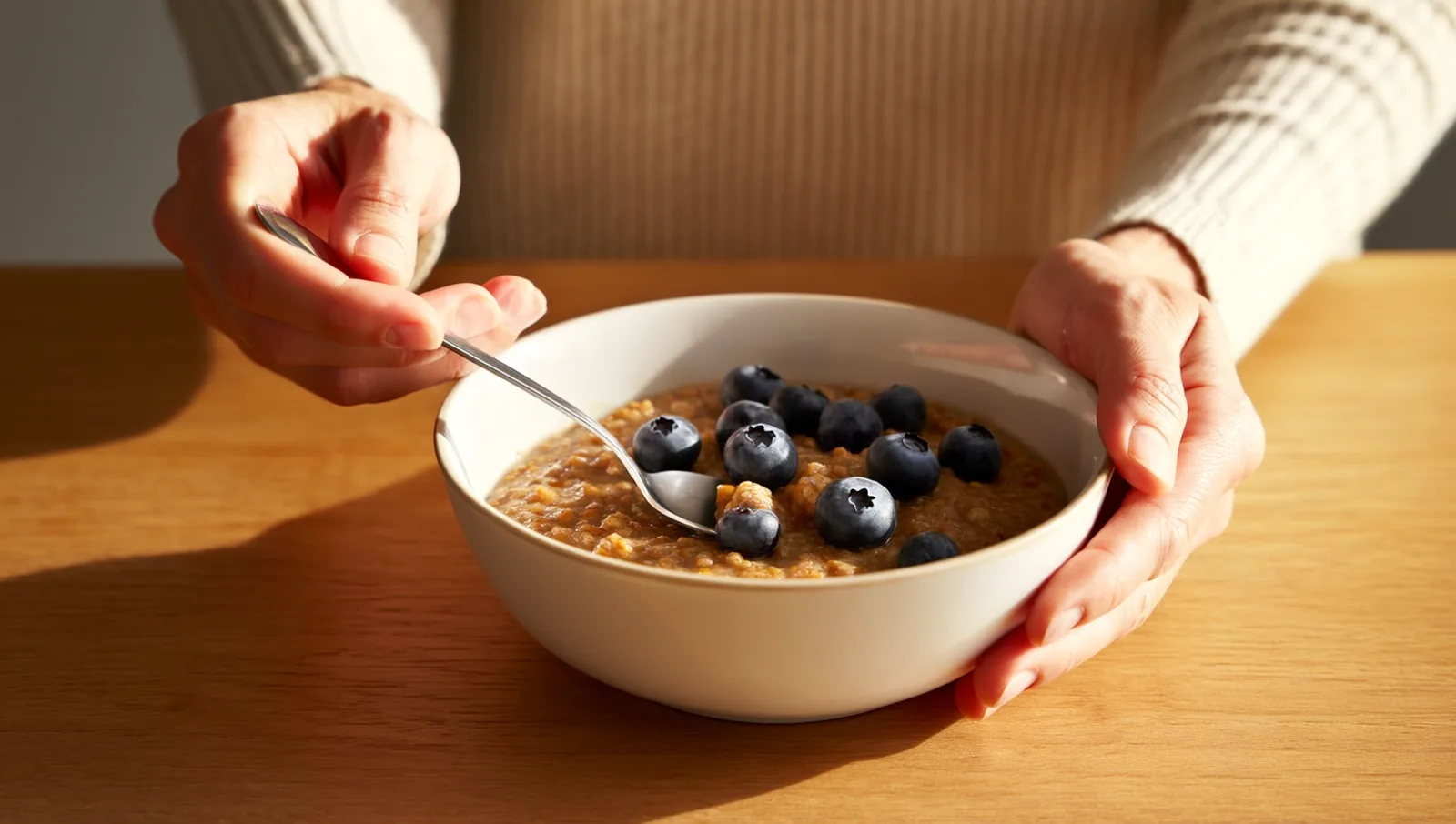 Hands holding a spoon over a warm bowl of oatmeal topped with fresh blueberries on a sunlit kitchen table.