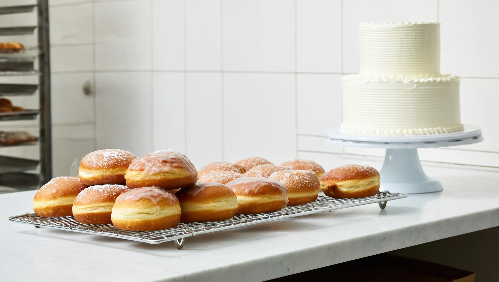 Doughnuts on a cooling rack beside a white cake