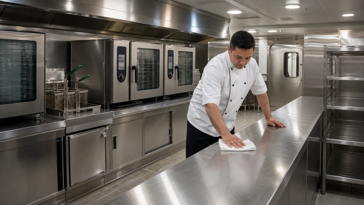 Chef wiping a steel counter in a ship galley